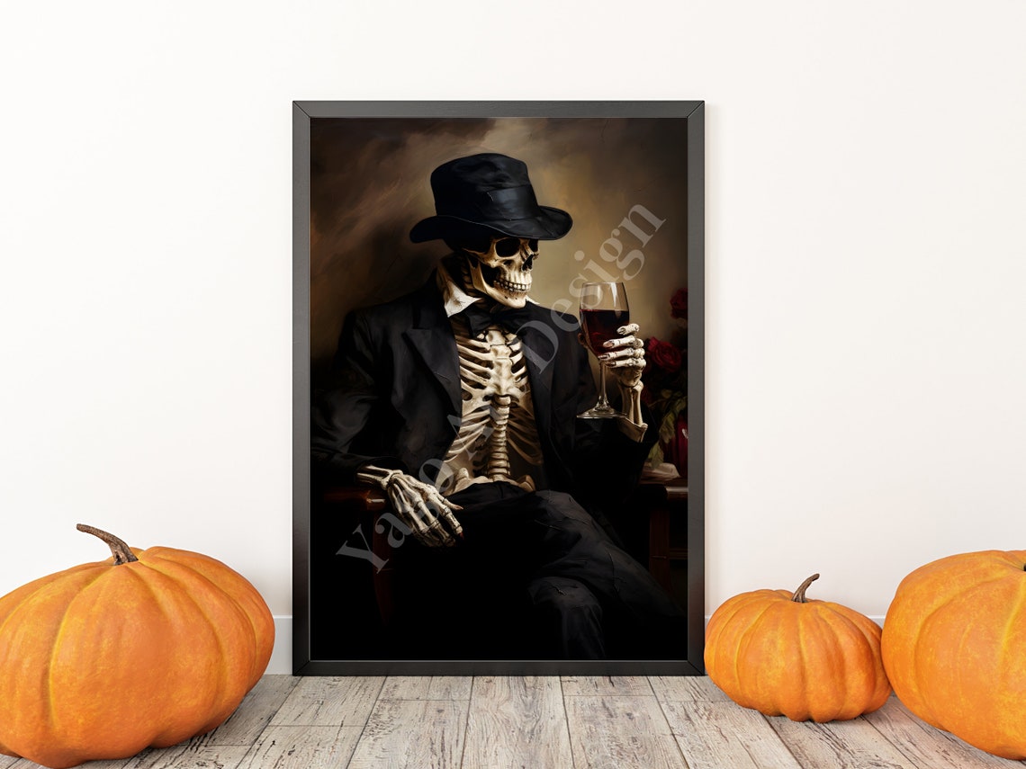 Skeleton In Suit Red Wine Glass Vintage Gothic Halloween Poster - Image 3