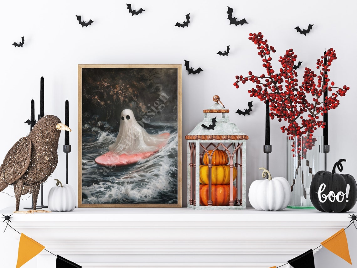 Ghost Surfing Pink Surfboard Ocean Wave Funny Halloween Poster - Image 4