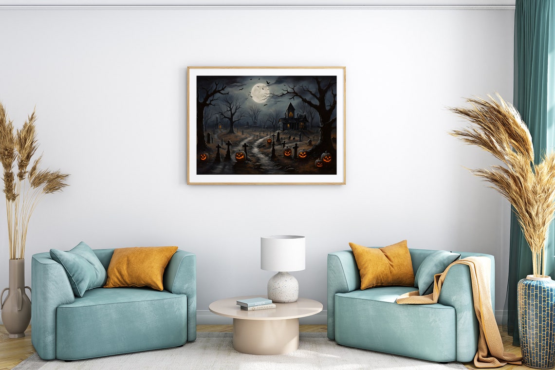 Haunted Graveyard with Jack O Lanterns Spooky Halloween Poster - Image 2