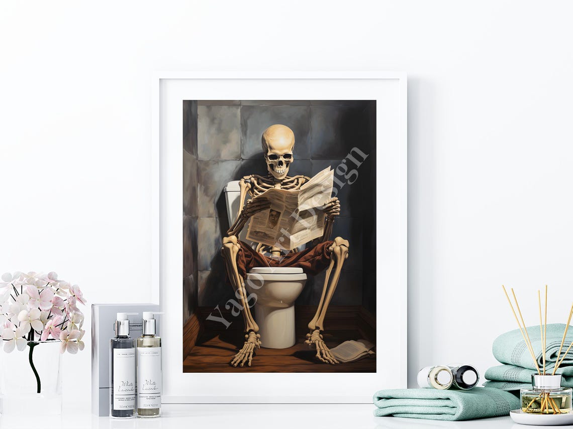 Skeleton On Toilet Reading Newspaper Funny Gothic Bathroom Poster - Image 4