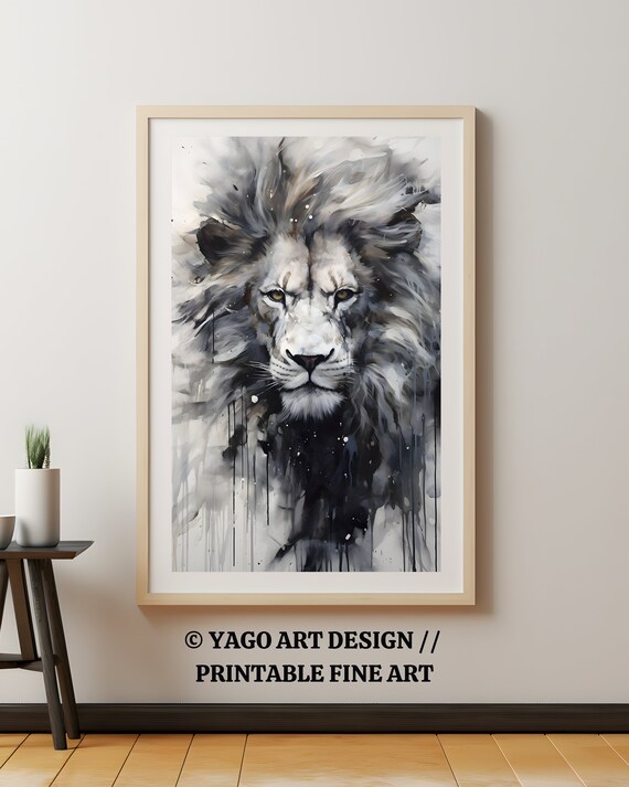 Monochrome Lion Face Dripping Ink Watercolor Wildlife Poster