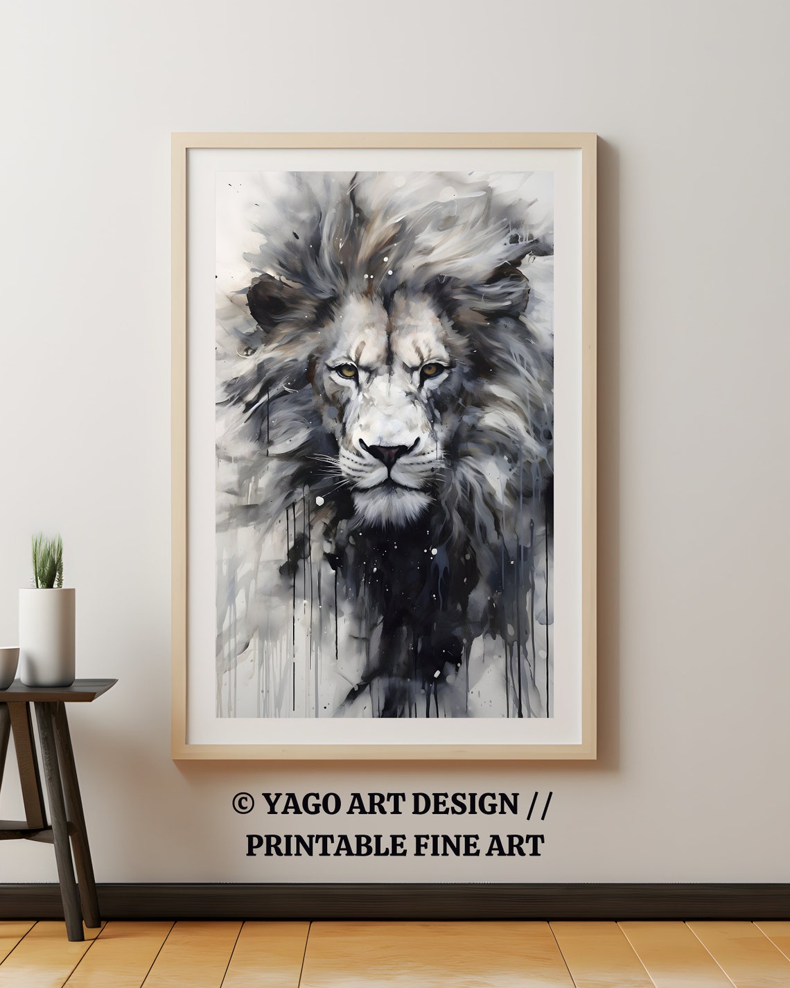 Monochrome Lion Face Dripping Ink Watercolor Wildlife Poster