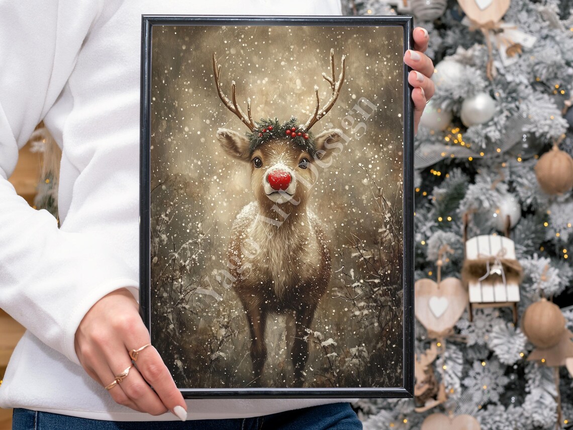 Rudolph Reindeer With Red Nose in Snowfall Christmas Portrait Poster - Image 4