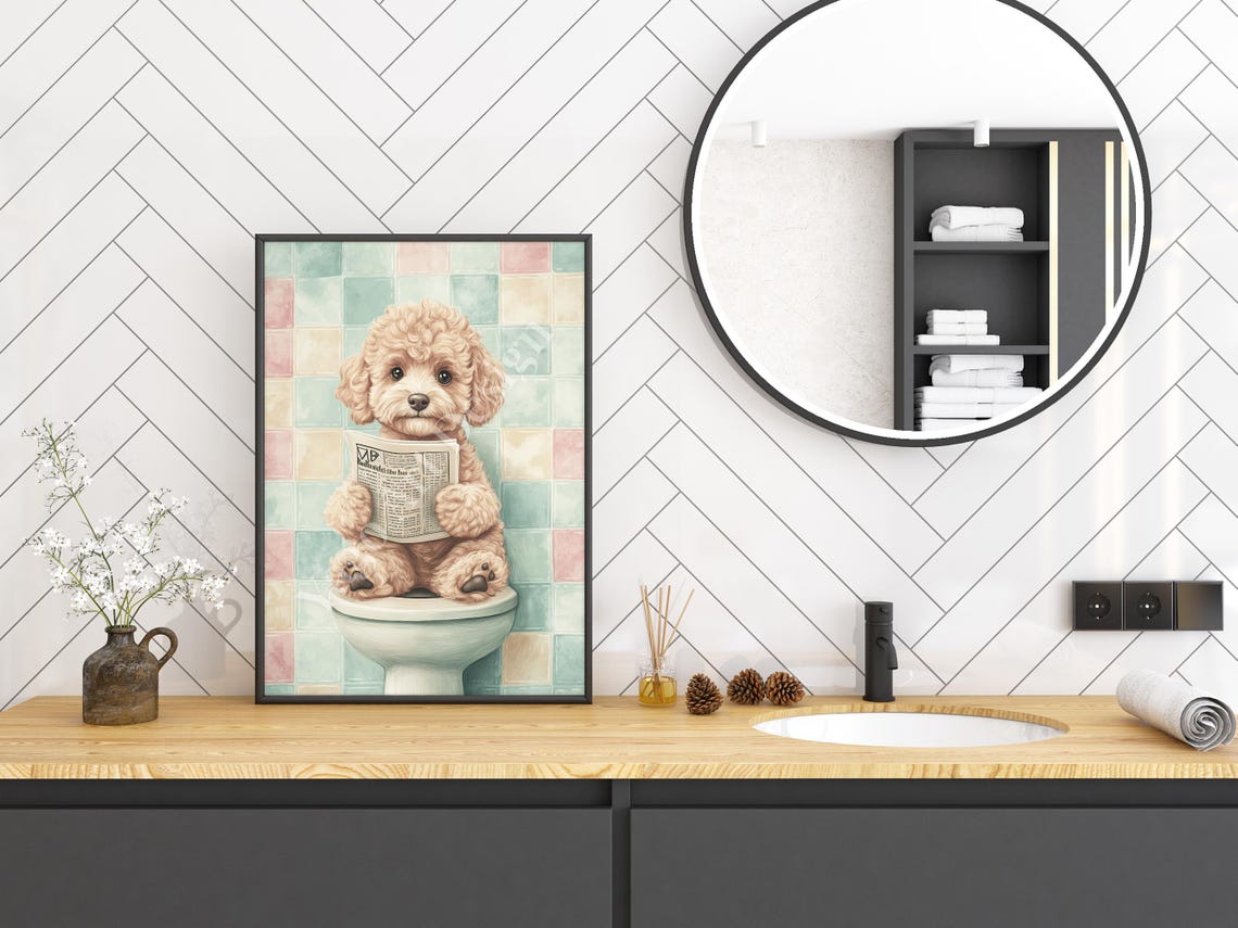 Cute Goldendoodle Puppy Reading Newspaper on Toilet Pastel Poster - Image 3