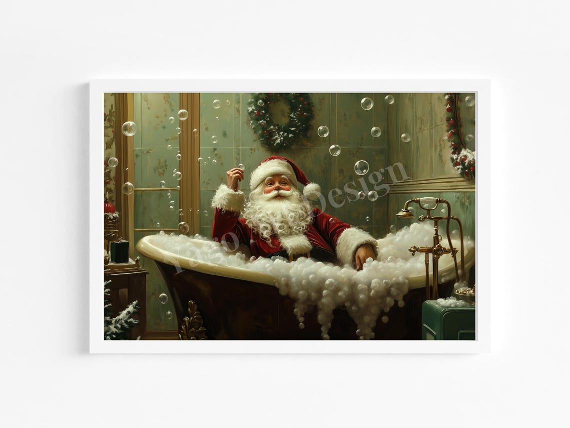 Santa Claus Relaxing in Bubble Bath Funny Christmas Wall Poster - Image 4