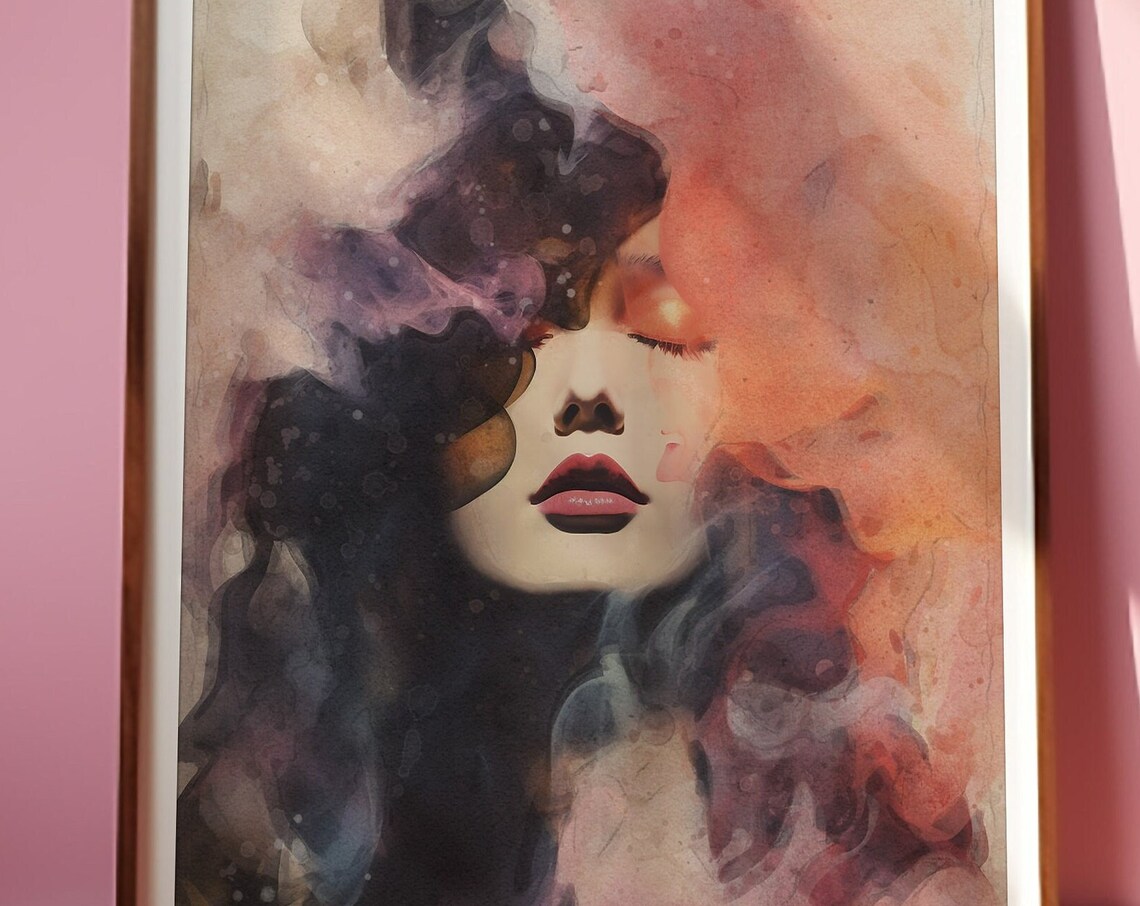 Ethereal Woman Face in Smoky Watercolor Abstract Portrait Art Print - Image 3