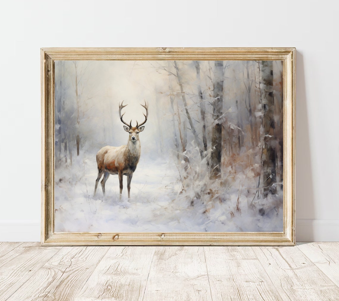 Majestic Stag Snowy Birch Forest Winter Wildlife Painting Poster - Image 2