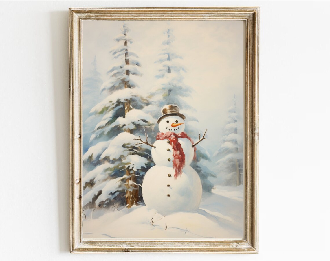 Snowman In Snowy Forest Vintage Oil Painting Red Scarf Winter Poster