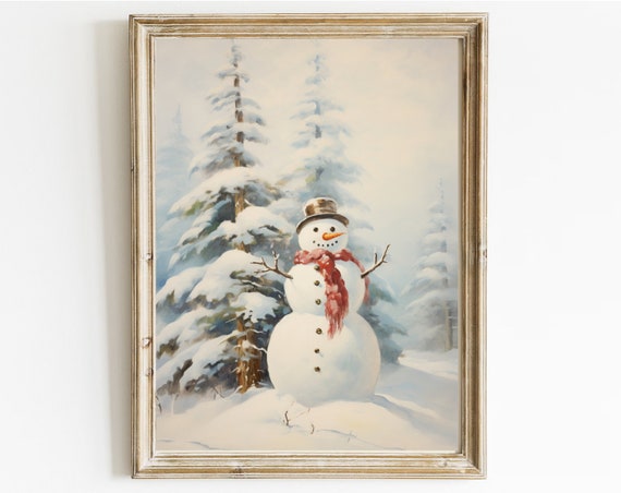 Christmas Tree With Happy Snowman Winter Art Holiday Decor Moody Neutral Holiday Art Fir Tree In The Snow A1