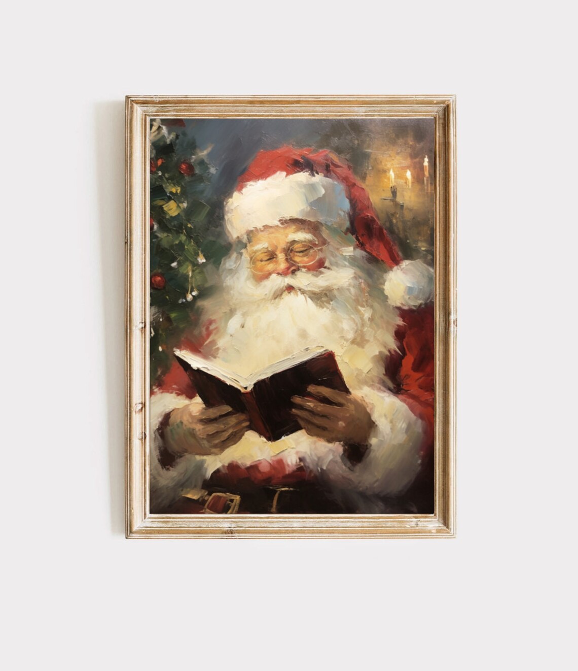 Santa Claus Reading A Book Vintage Oil Painting Christmas Night Poster