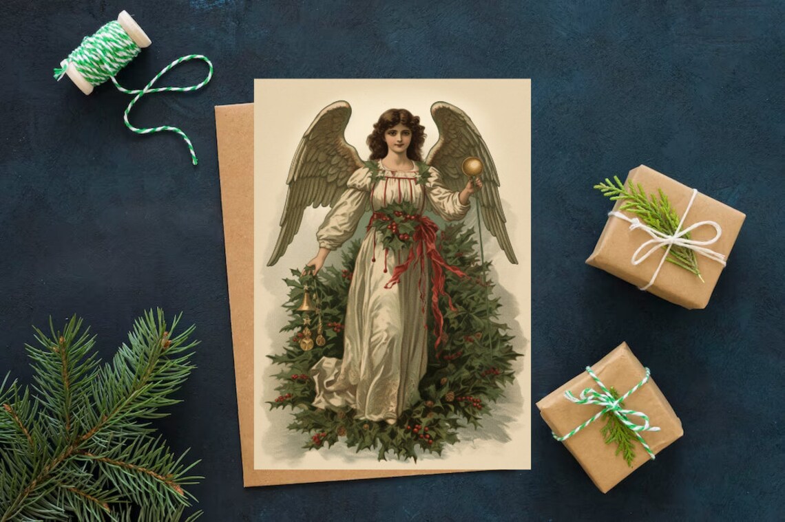 Vintage Christmas Angel Illustration Holly Wreath Red Sash Art Print - Image 4