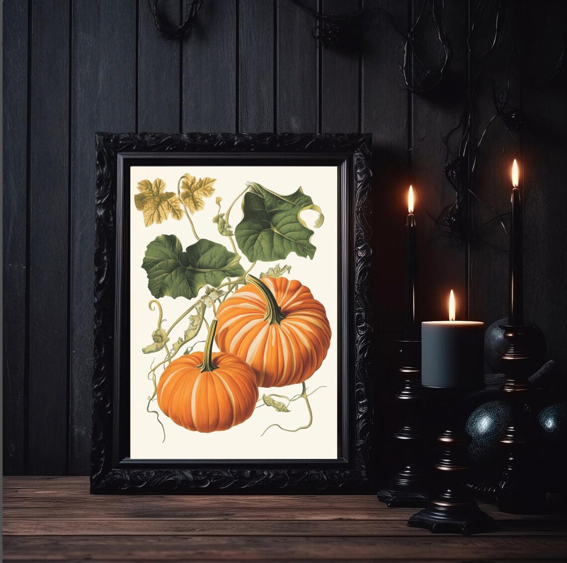 Striped Pumpkins Botanical Vines Vintage Autumn Art Illustration Poster - Image 2