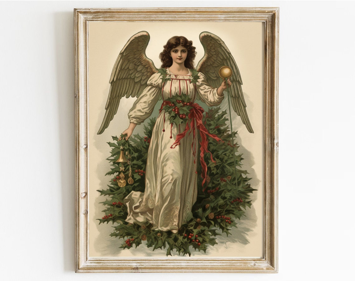 Vintage Christmas Angel Illustration Holly Wreath Red Sash Art Print