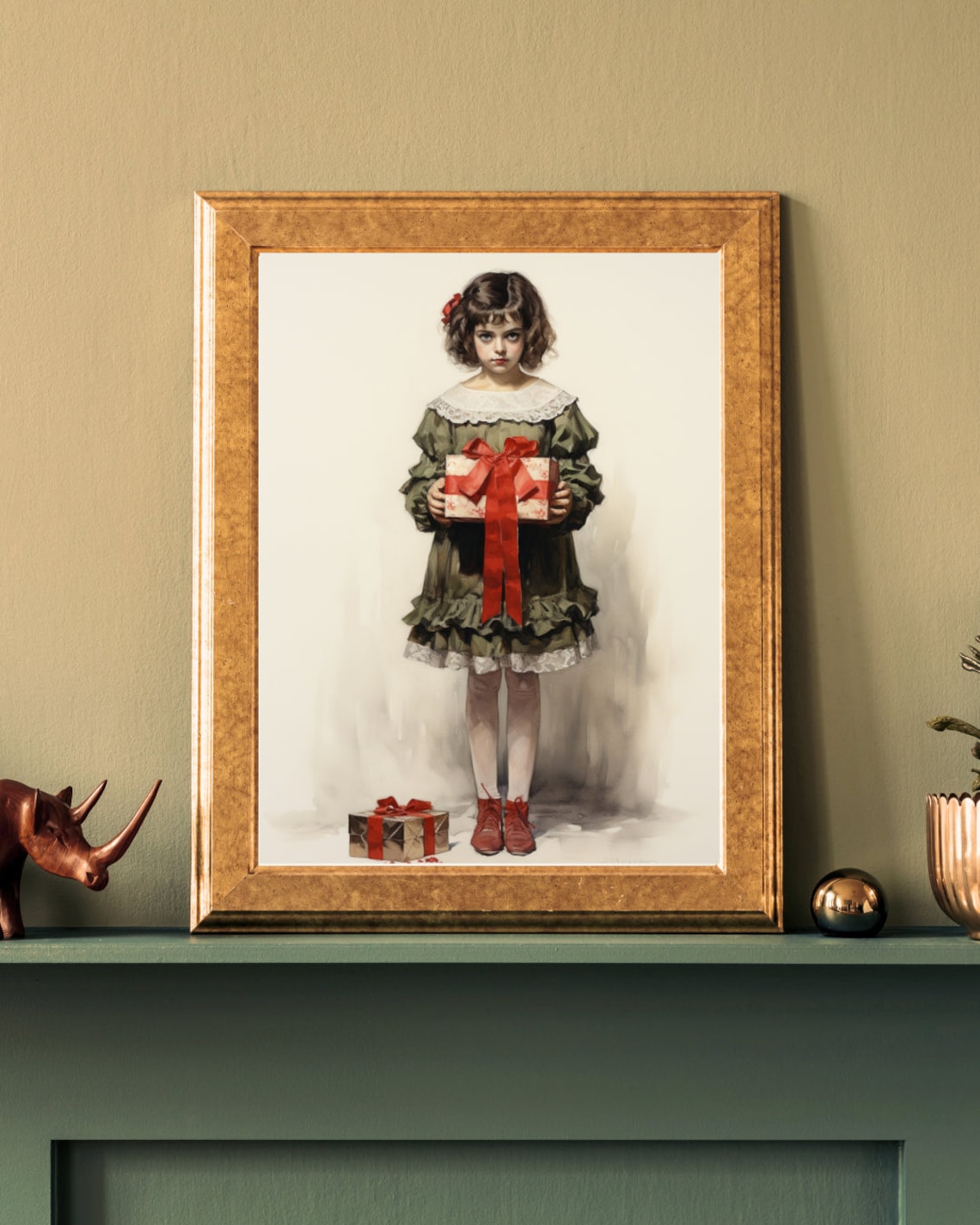 Vintage Christmas Portrait Little Girl Holding Gift Holiday Art Print - Image 4