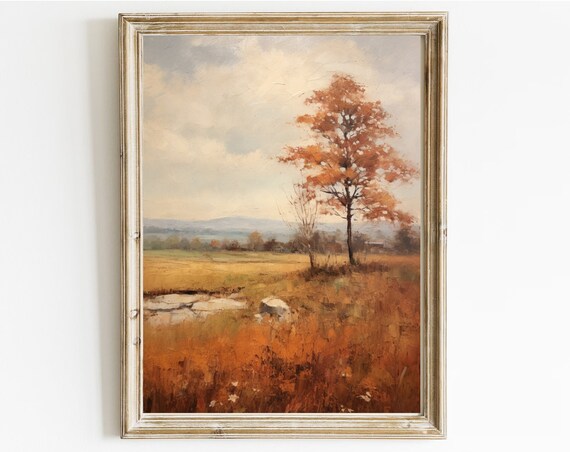 Golden Autumn Field Lone Orange Tree Countryside Painting Poster