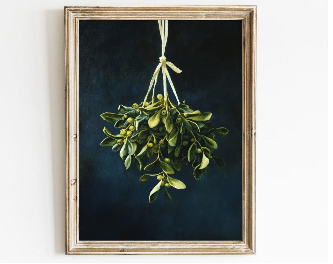 Vintage Christmas Wall Art Mistletoe With Christmas Ribbon Farmhouse Vintage Print Vintage Christmas Print Holiday Art Print