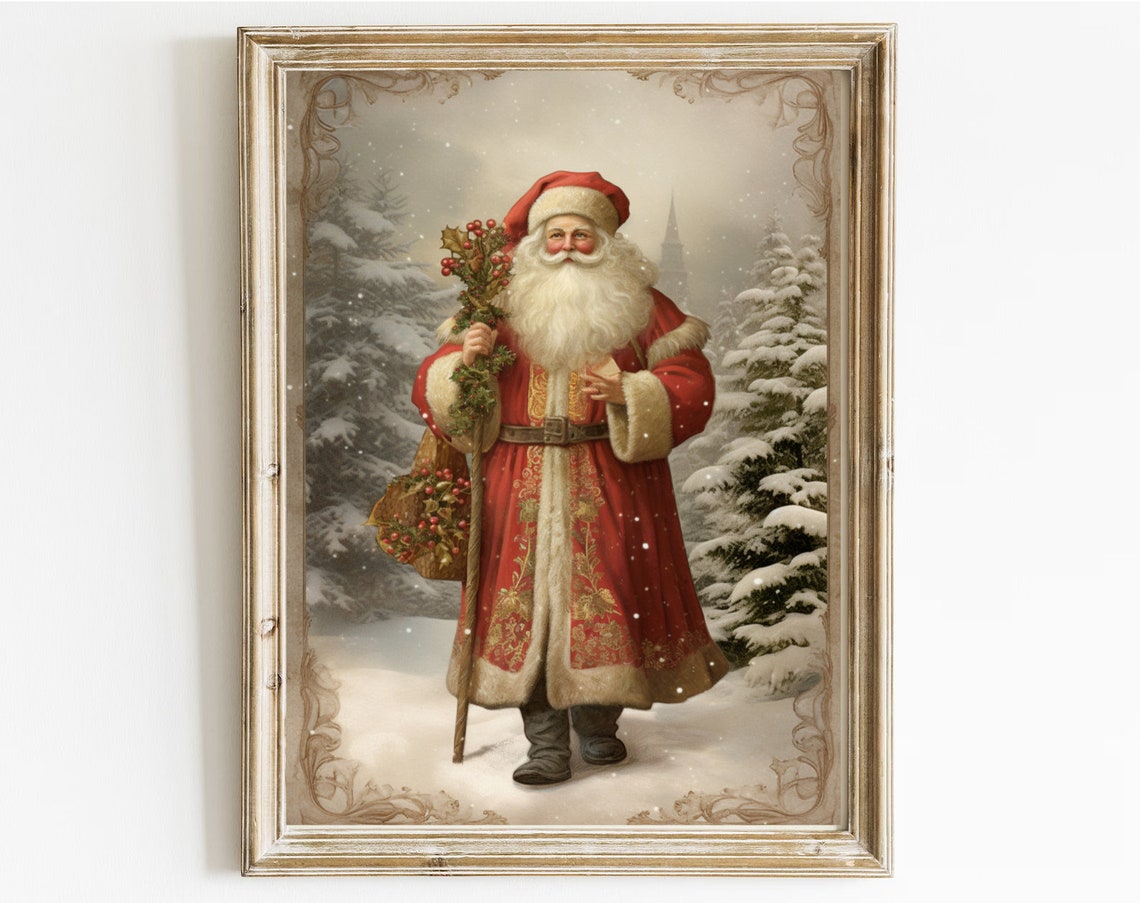 St Nicholas In Red Robe Snowy Woods Vintage Nostalgic Christmas Poster