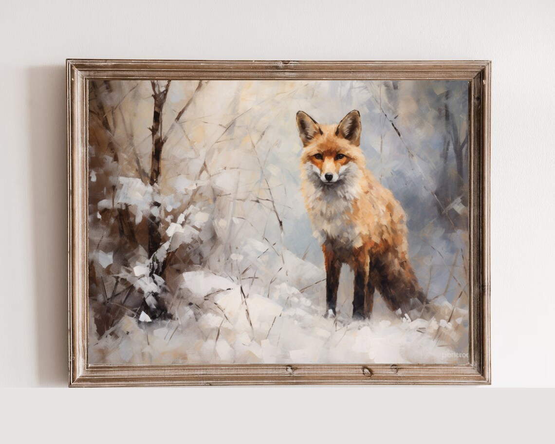 Red Fox In Snowy Winter Woods Vintage Oil Painting Wildlife Poster