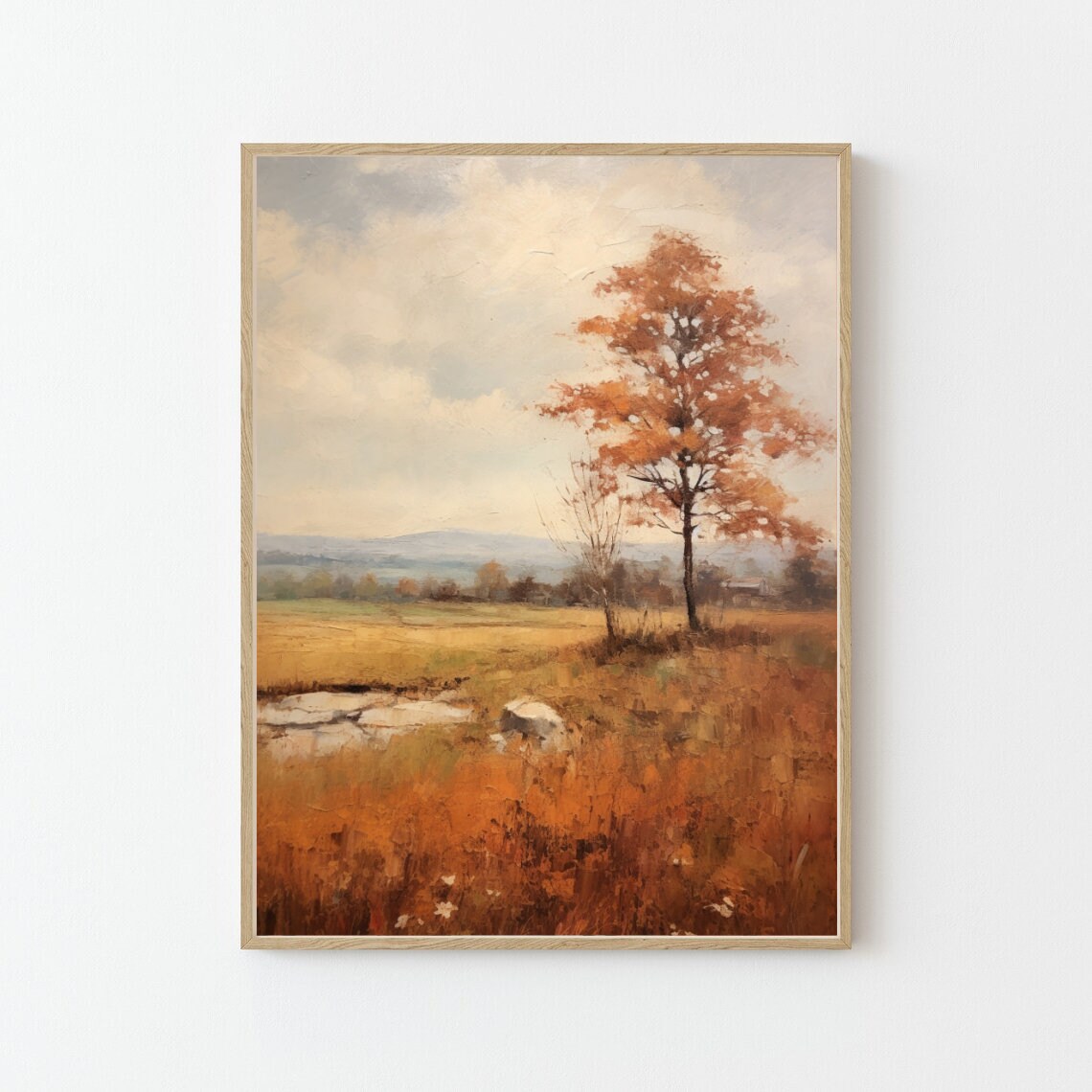 Golden Autumn Field Lone Orange Tree Countryside Painting Poster - Image 3
