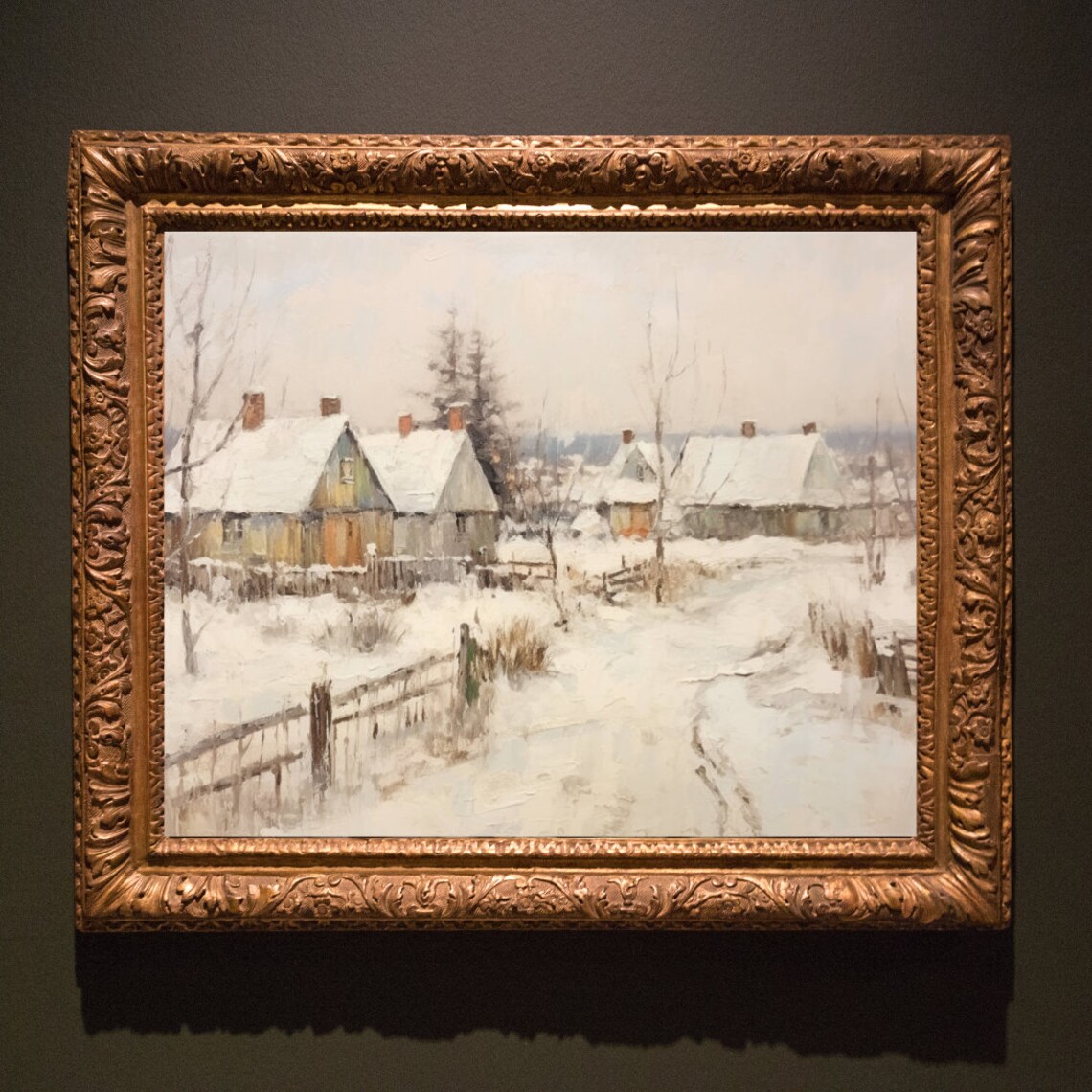 Snowy Village Cottages Wooden Fence Rustic Winter Scene Poster - Image 4