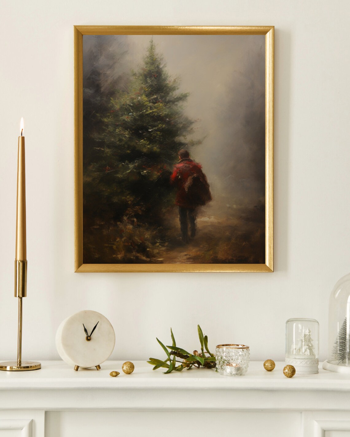 Moody Winter Painting Figure Carrying Christmas Tree In Fog Poster - Image 4