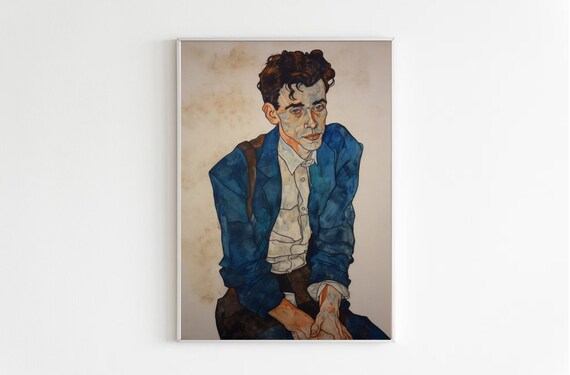 Egon Schiele Inspired Self Portrait Blue Jacket Expressionist Poster