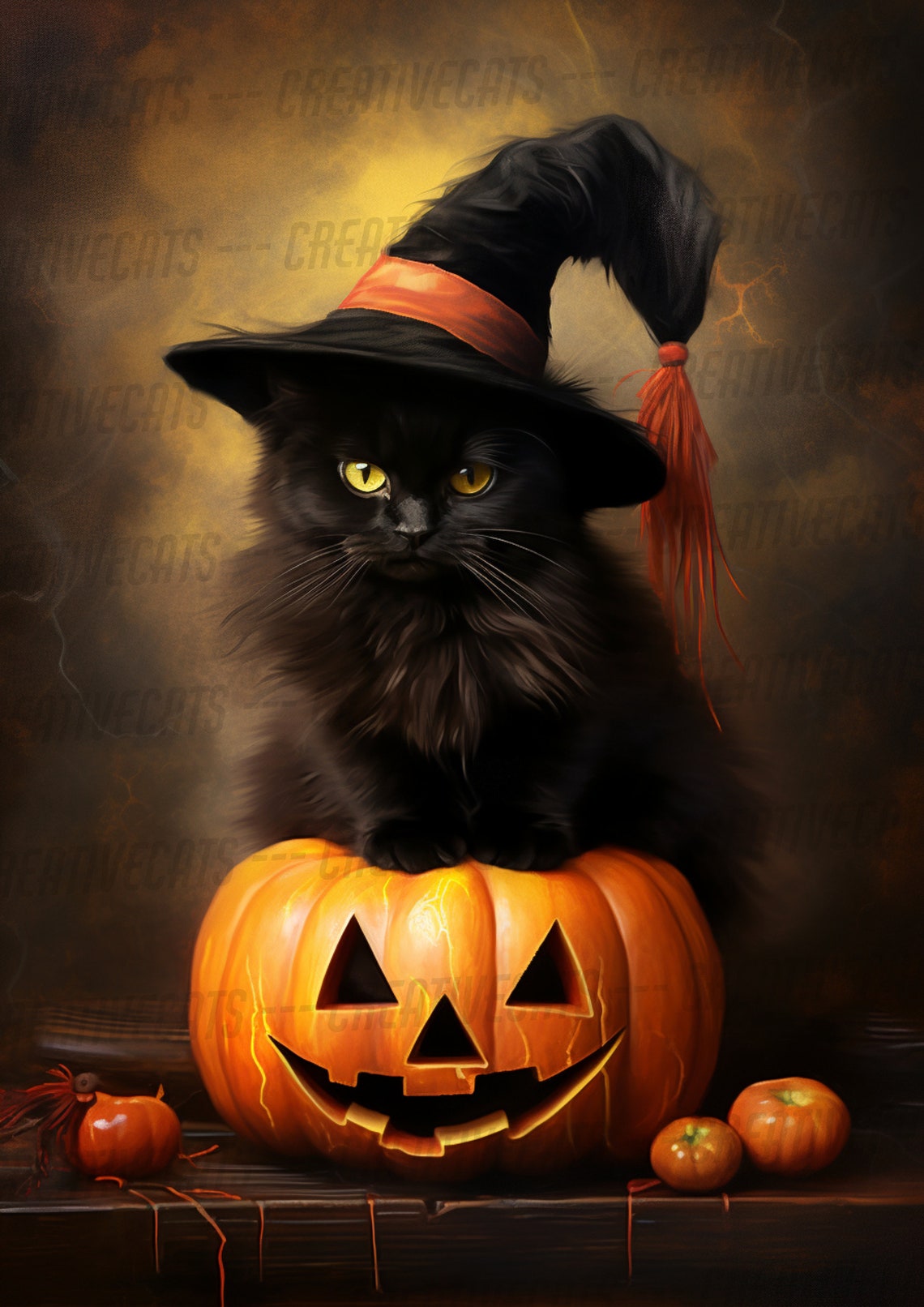 Black Cat In Witch Hat On Jack O Lantern Cute Halloween Night Poster - Image 2