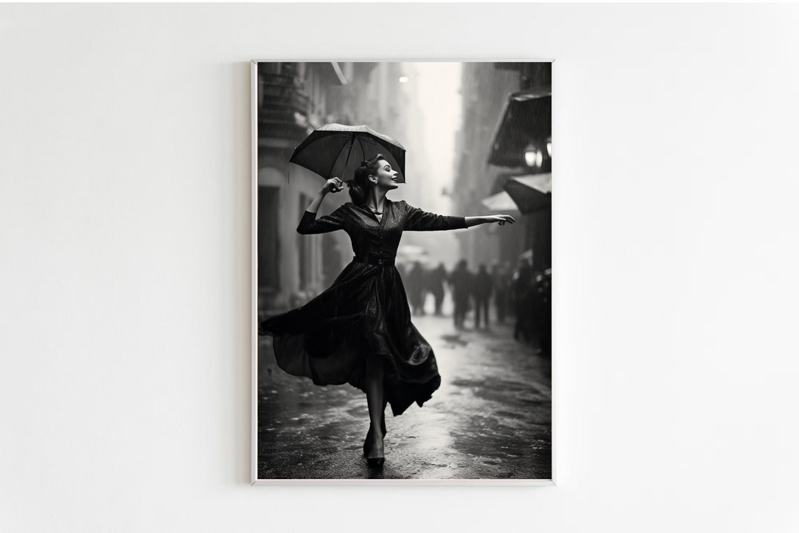 Vintage Dancing In The Rain Woman With Umbrella Street Scene Poster - Image 2