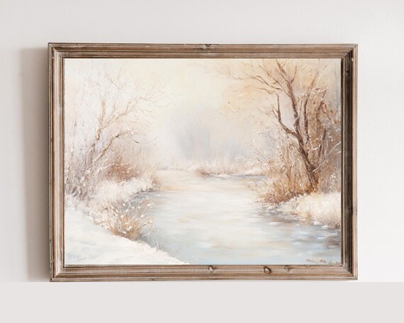 Neutral Antique Winter Creek Misty Forest Oil Painting Art Print