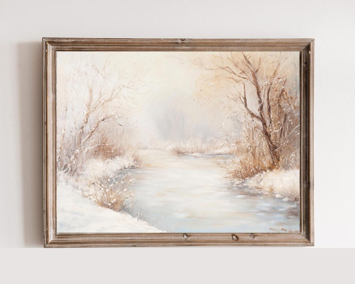 Neutral Antique Winter Creek Misty Forest Oil Painting Art Print