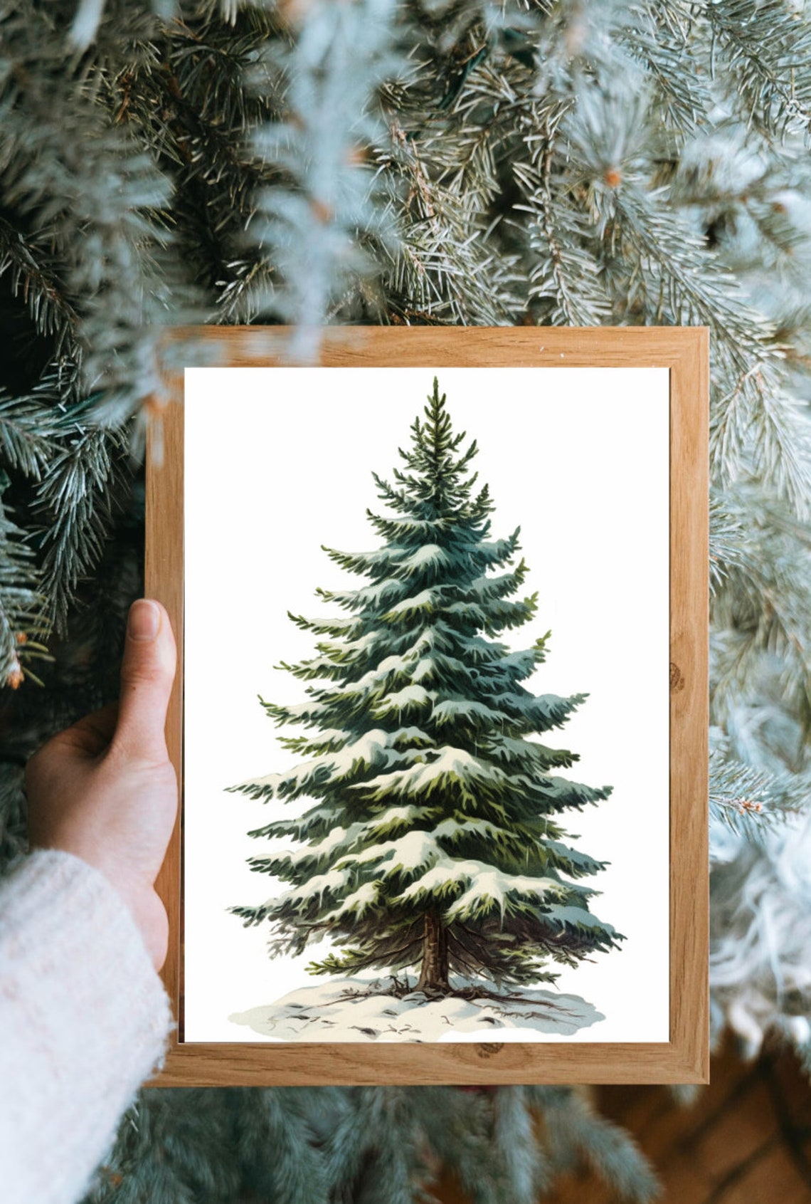 Snowy Spruce Tree White Background Classic Winter Art Poster - Image 2