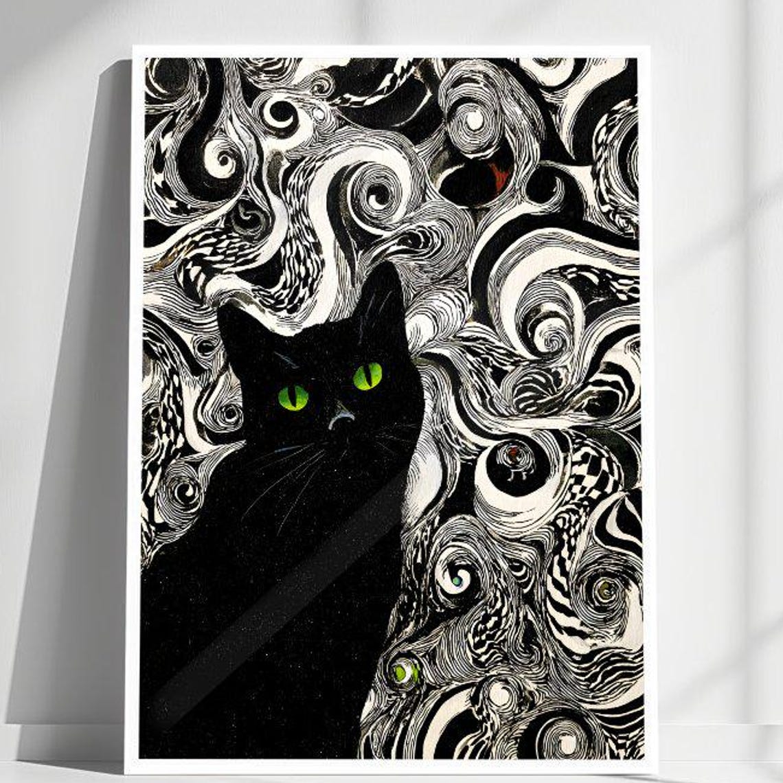 Greeneyed Black Cat Poster Art Whimsical Swirling Patterns Wall Decor Physical Print