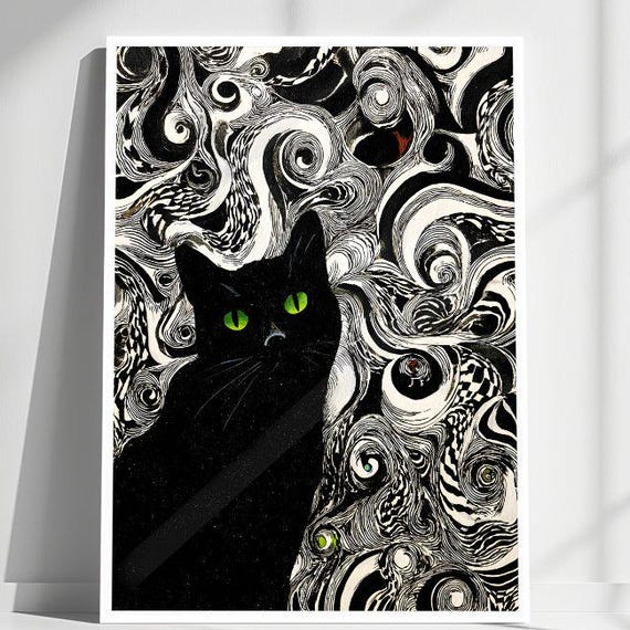 Greeneyed Black Cat Poster Art Whimsical Swirling Patterns Wall Decor Physical Print