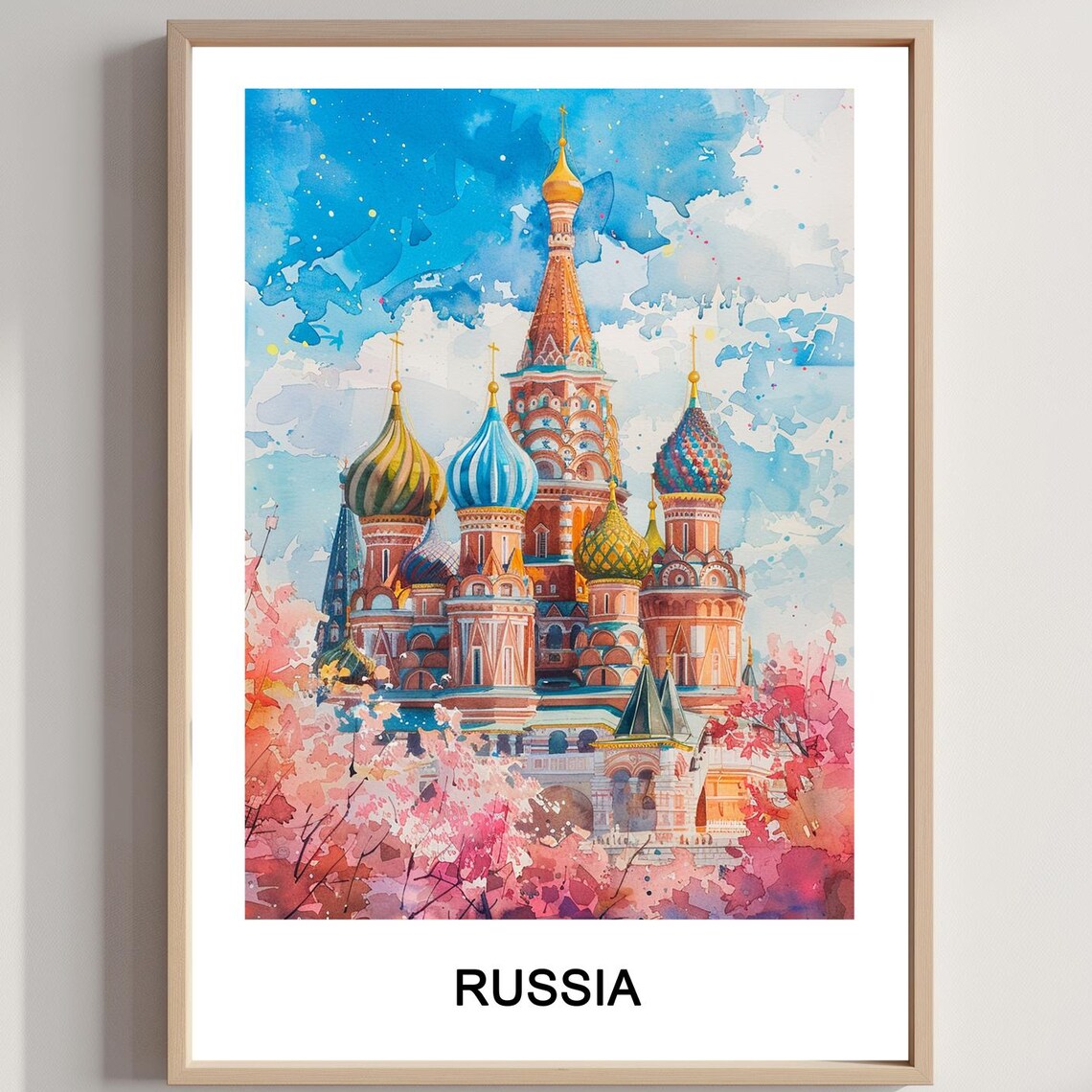 Russia St Basil's Cathedral Colorful Watercolor Travel Art Poster