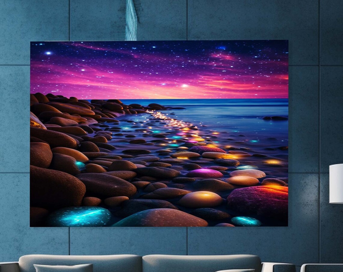 Glowing Pebble Beach Starry Night Galaxy Sky Fantasy Wall Art