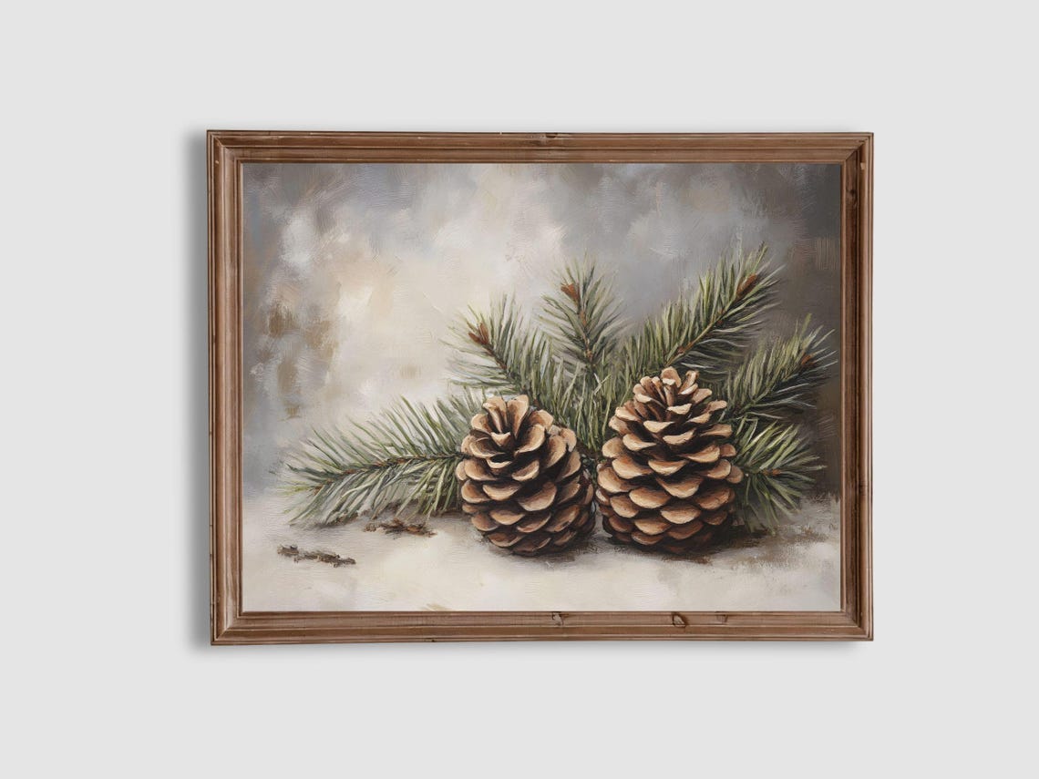 Rustic Pinecones and Evergreen Branch Snowy Winter Still Life Poster
