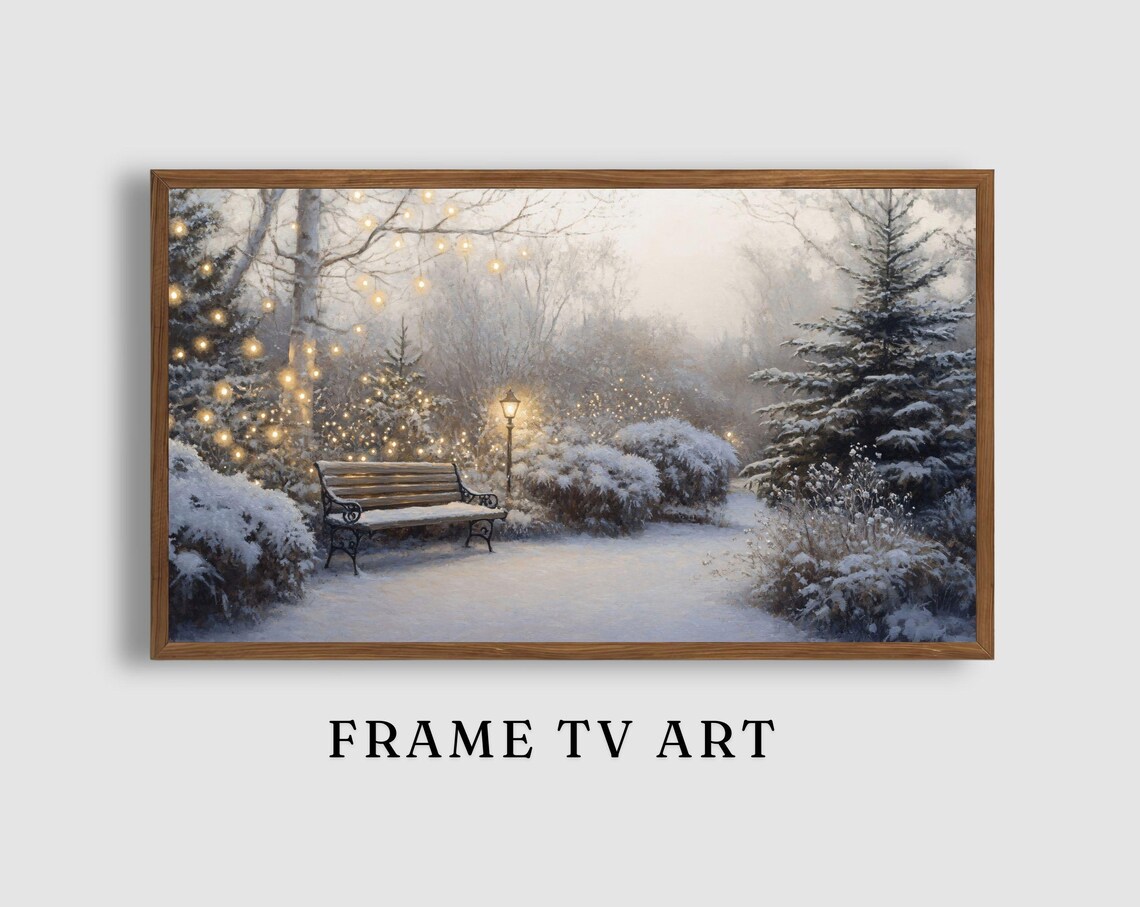 Snowy Park Bench Twinkle Lights Winter Night Garden Landscape Art Poster