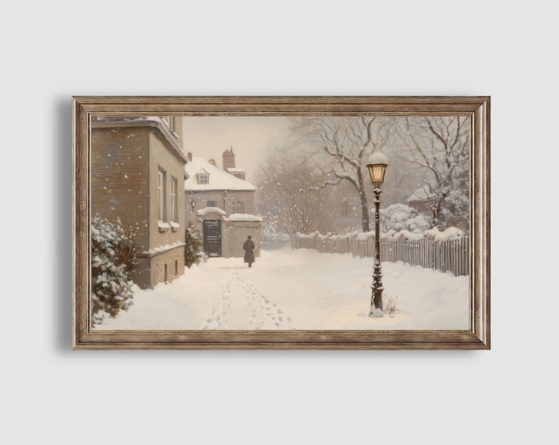 Lone Figure Snowy Street Lamppost Picket Fence Winter Scene Poster - Image 2