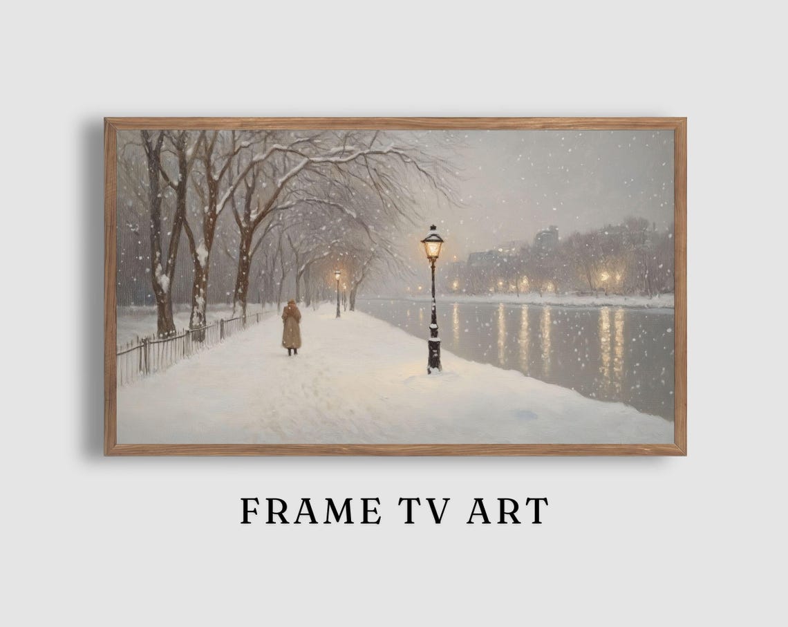 Snowy Riverside Pathway Glowing Lamppost Winter Stroll Scene Poster