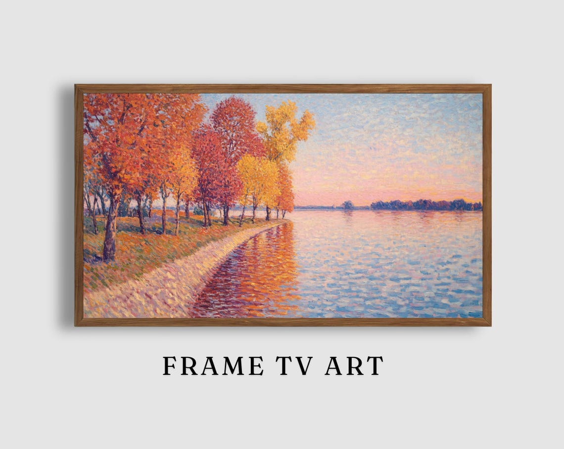 Pointillist Autumn Lakeshore Colorful Trees Landscape Poster
