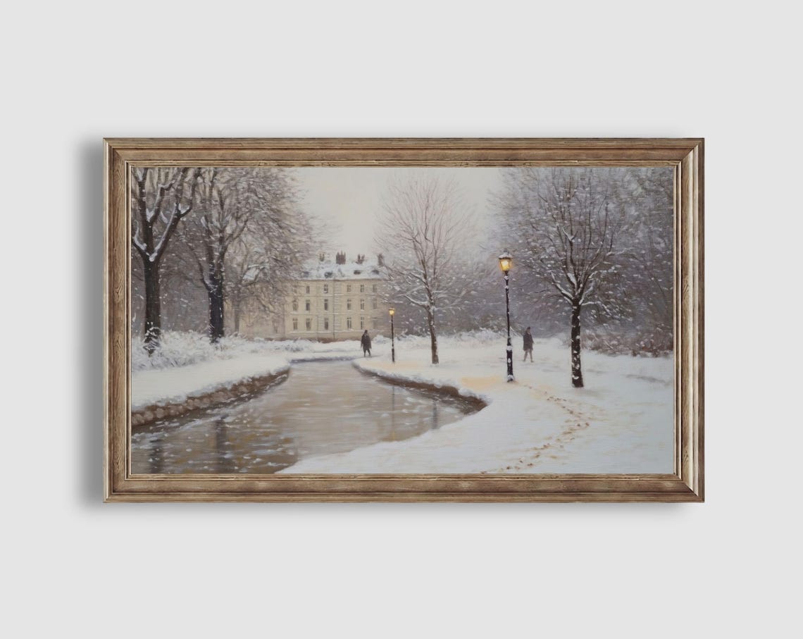 Quiet Winter Park Pond Footprints Snowy Trees Landscape Poster - Image 2