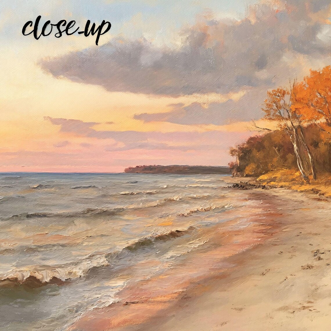 Autumn Beach Sunset with Golden Trees Coastal Landscape Painting Poster - Image 3