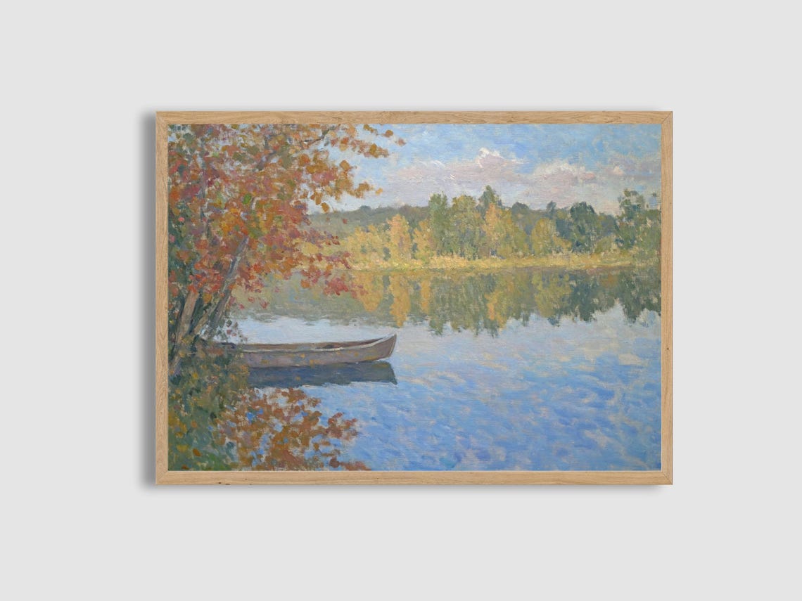 Autumn Lake with Canoe Impressionist Fall Landscape Painting Poster