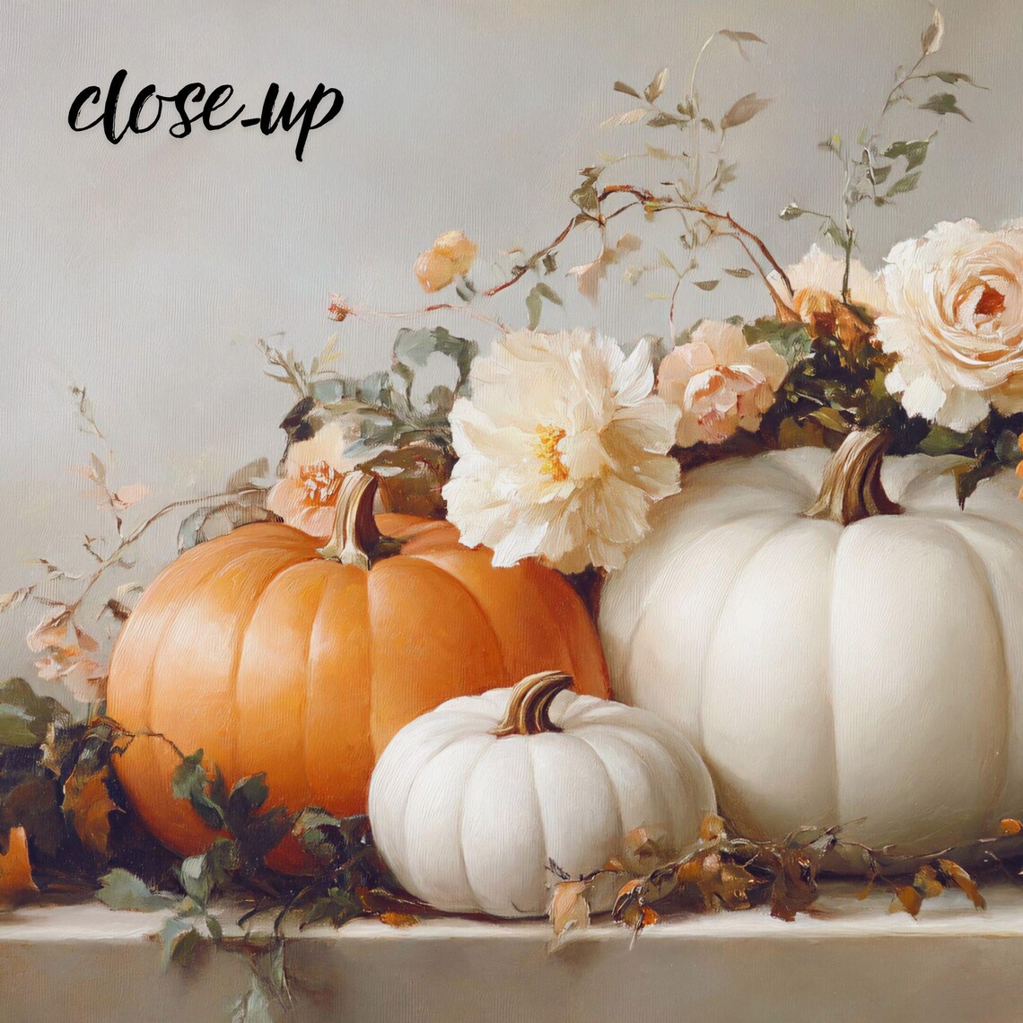 Pumpkins with Garden Roses Elegant Floral Still Life Autumn Poster - Image 4