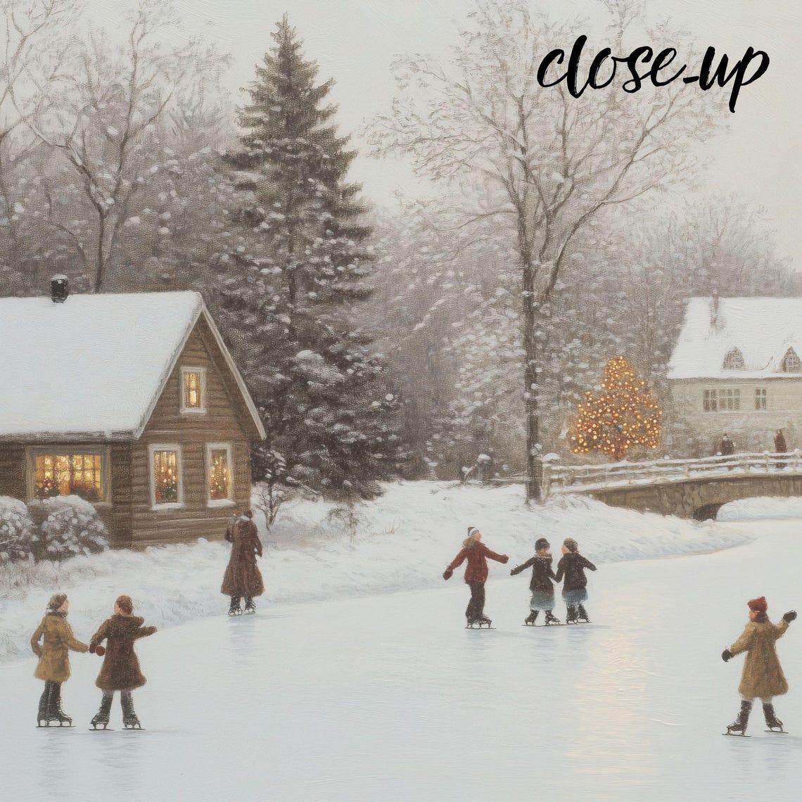 Village Ice Skaters Frozen Pond Lit Trees Winter Village Poster - Image 4