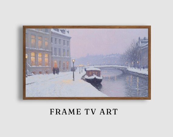 Snowy Canal with Houseboat Glowing Buildings and Bridge Winter Painting Poster