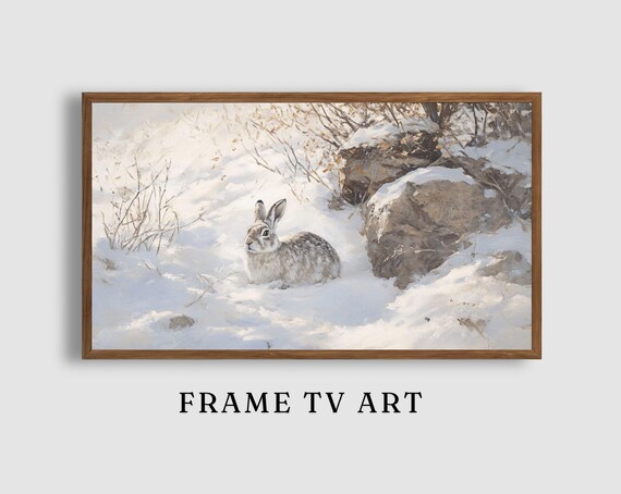 Snow Hare in Rocky Snow Hillside Rustic Winter Wildlife Art Poster