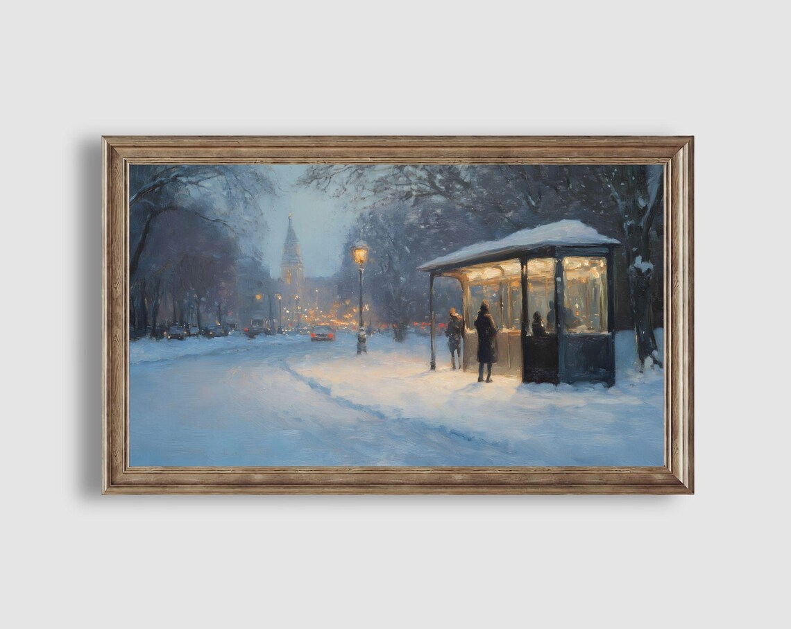 Snowy City Bus Stop Dusk Street Lamps Winter Urban Evening Art Poster - Image 2