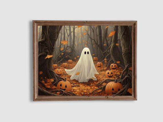 Cute Ghost Among Jack O Lanterns Spooky Autumn Forest Halloween Art Poster