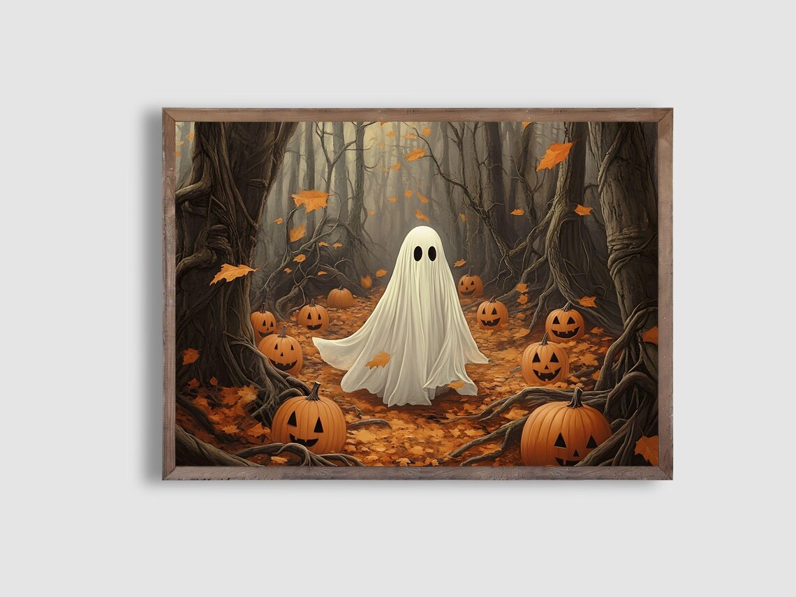 Cute Ghost Among Jack O Lanterns Spooky Autumn Forest Halloween Art Poster - Image 4